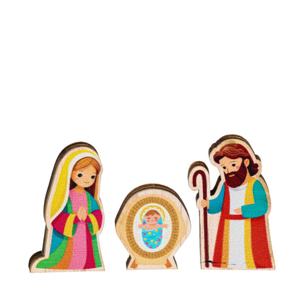 Paquete en cajita navideña con personajes del belén de madera, altura máxima de los personajes: 4,5 cm
