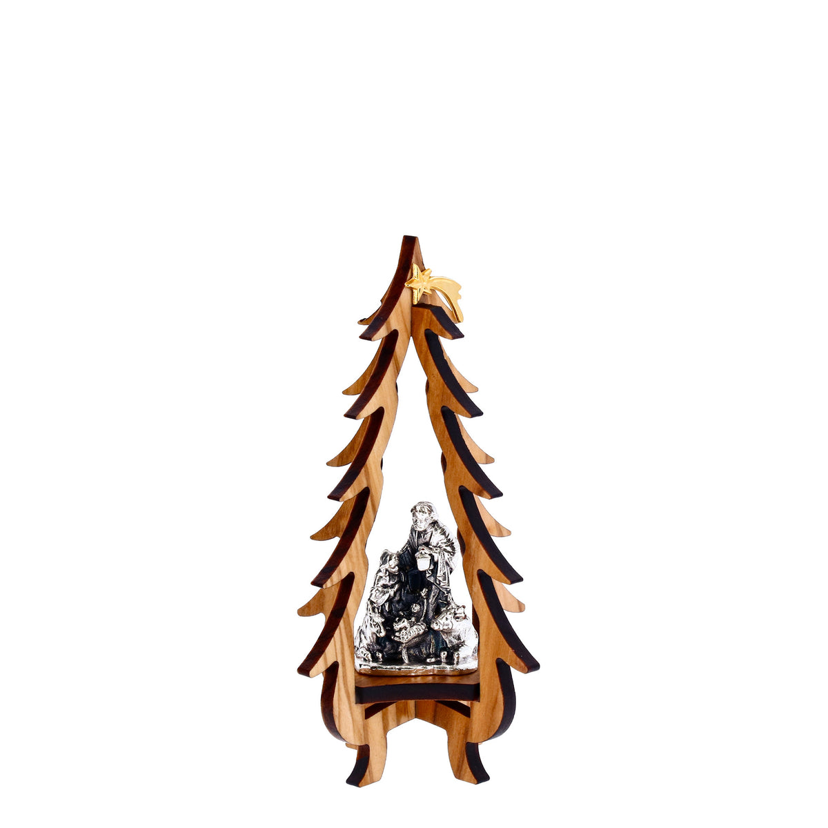 Nacimiento de madera de olivo y metal en forma de árbol de Navidad