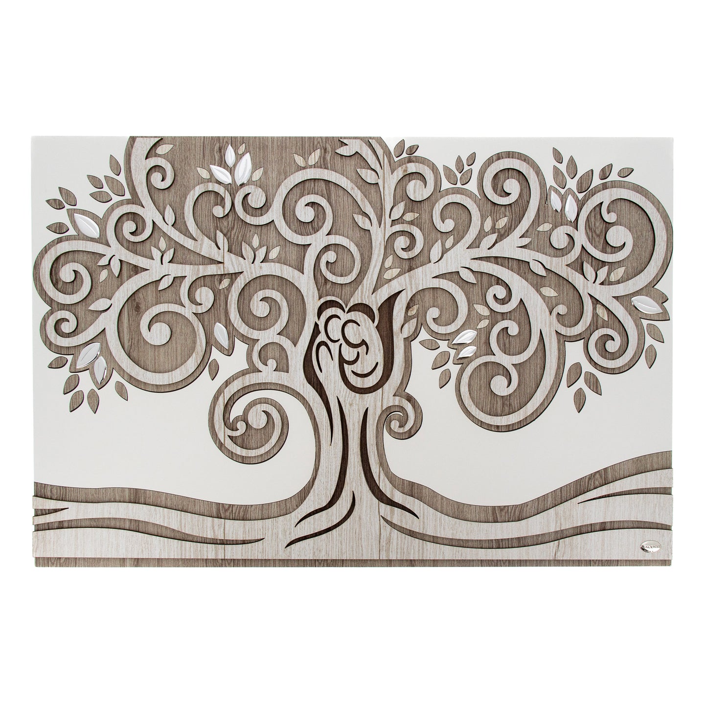 Quadro Albero della Vita in legno con Sacra Famiglia stilizzata e particolari in argento. Dimensioni 80x52 cm