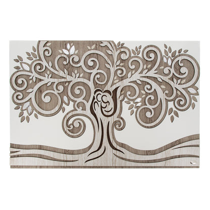Quadro Albero della Vita in legno con Sacra Famiglia stilizzata e particolari in argento. Dimensioni 80x52 cm