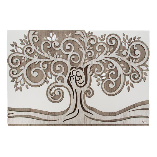 Quadro Albero della Vita in legno con Sacra Famiglia stilizzata e particolari in argento. Dimensioni 80x52 cm