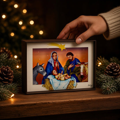 Quadro 3d in scatola, da appoggio, soggetto presepe 15x10 cm