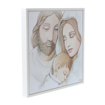 Quadro Sacra Famiglia co decorazioni argentate in rilievo. Dimensioni 60x60 cm