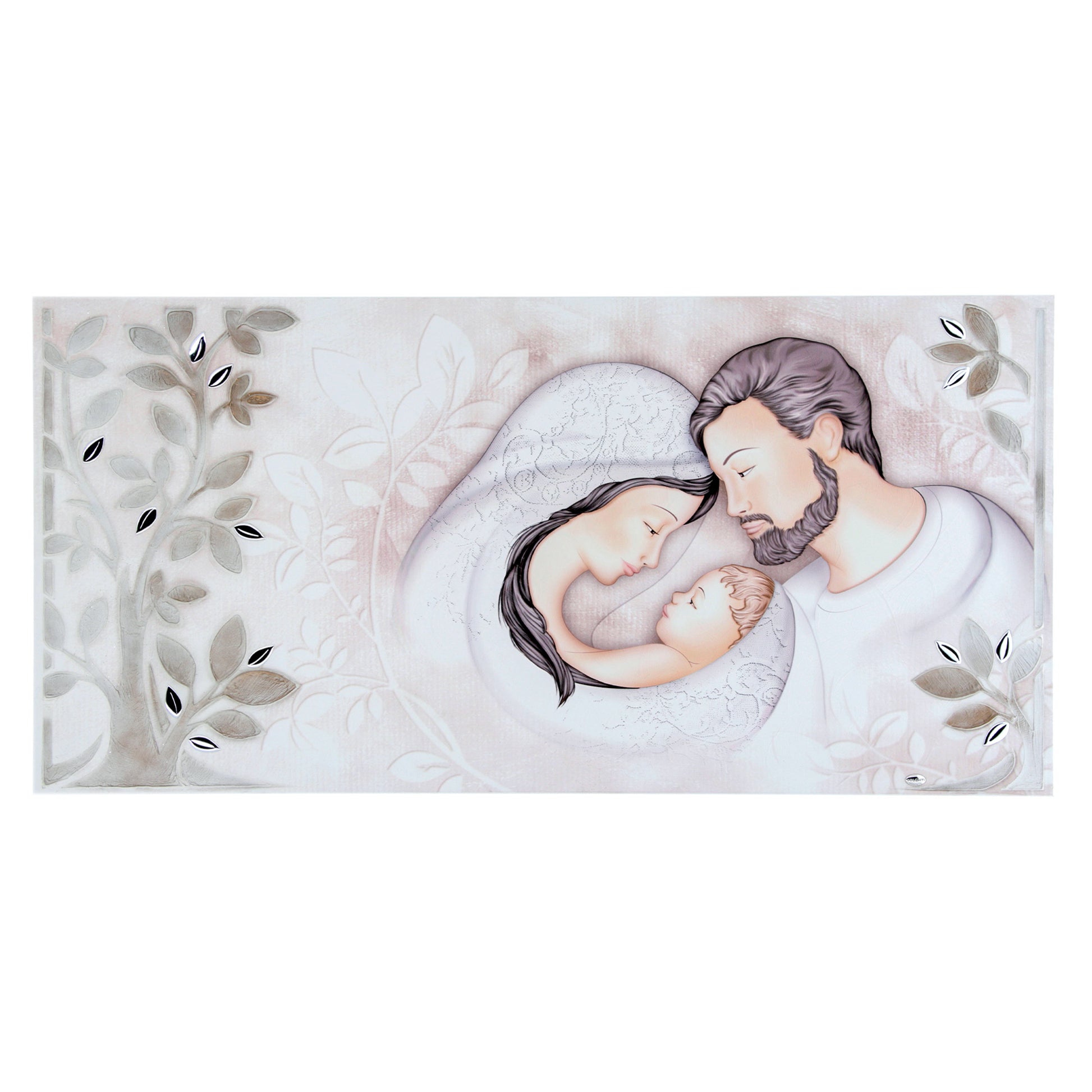 Quadro Sacra Famiglia e Albero della Vita con particolari in argent. Dimensioni 98x48 cm
