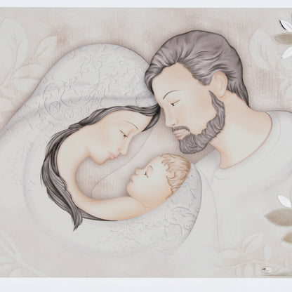 Quadro Sacra Famiglia e Albero della Vita con particolari in argent. Dimensioni 98x48 cm