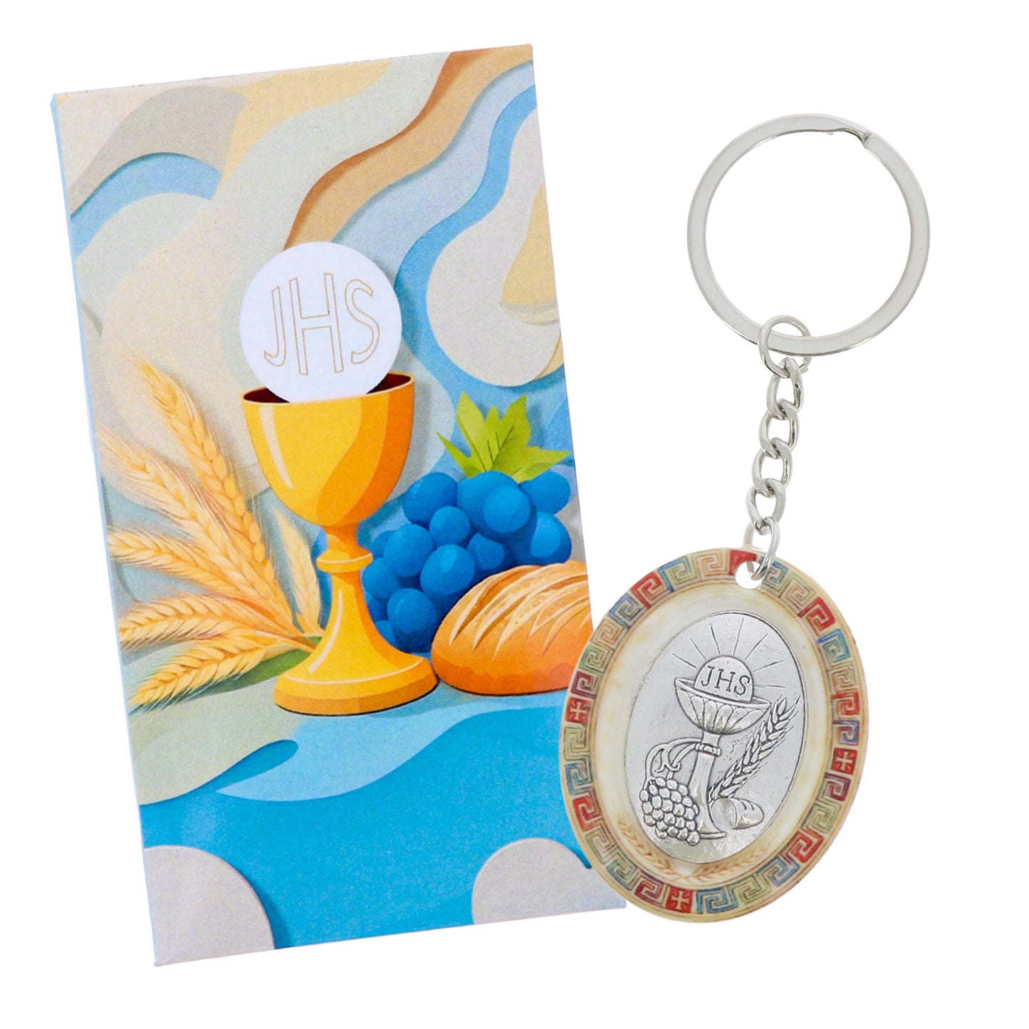 Portachiavi Ricordo Prima Comunione con Calice IHS e Confezione in Cartoncino – 4 cm