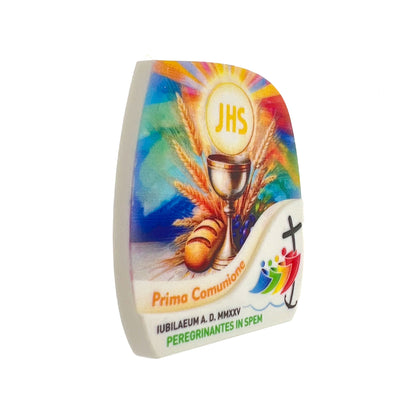 Magnete sagomato Sacramenti con logo Giubileo. Dimensioni 6,4x6,8 cm