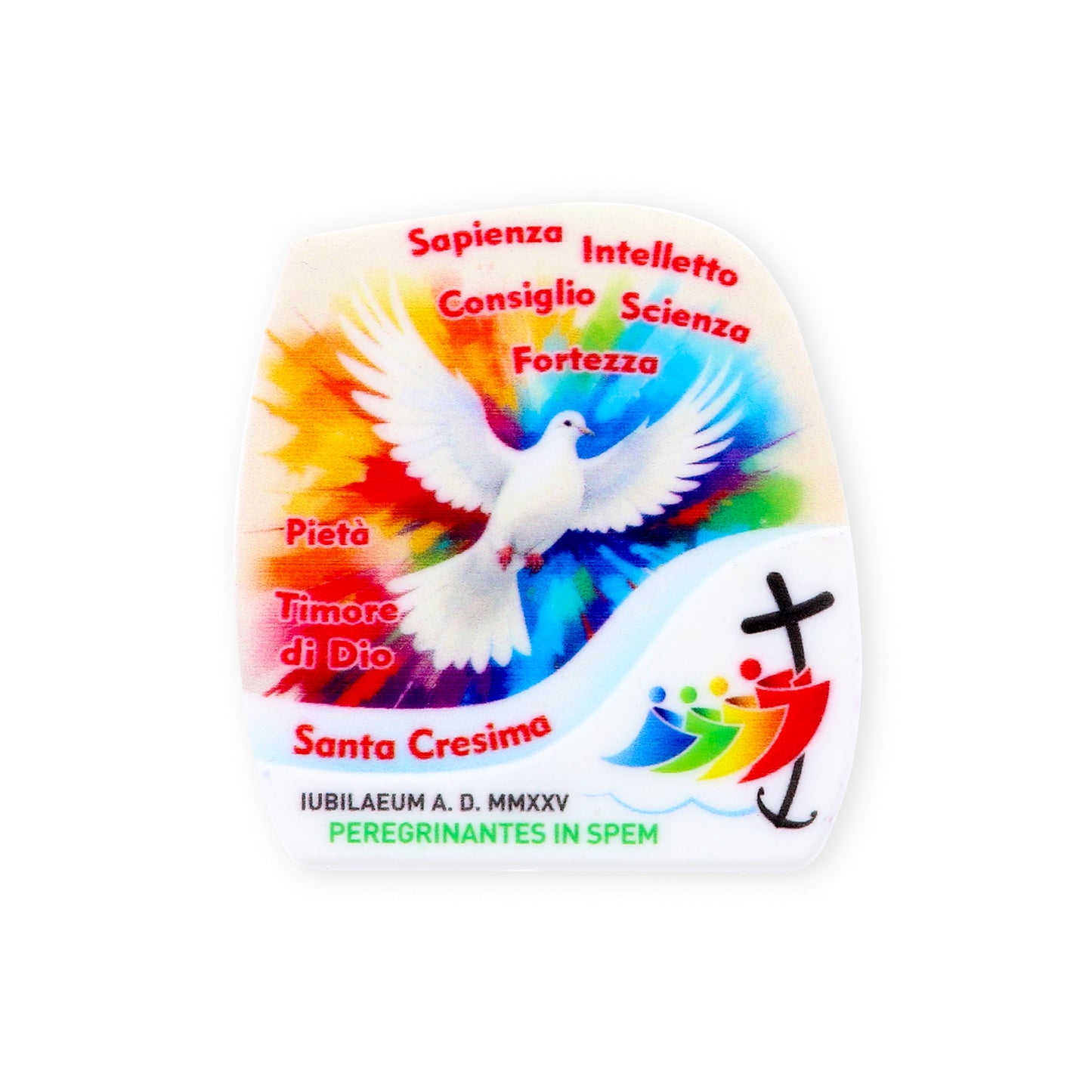 Magnete sagomato Sacramenti con logo Giubileo. Dimensioni 6,4x6,8 cm
