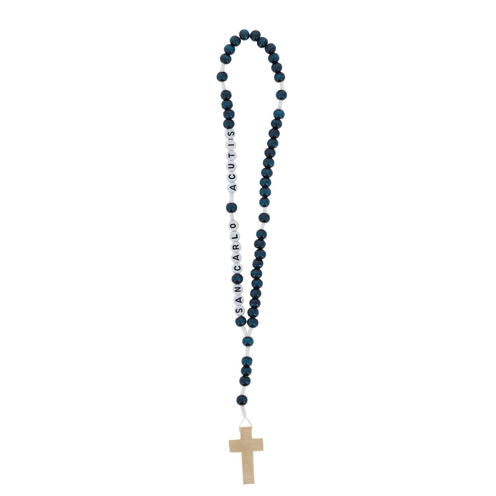 Corona del Rosario San Carlo Acutis in legno blu e corda con scritta
