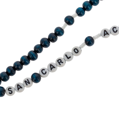 Corona del Rosario San Carlo Acutis in legno blu e corda con scritta