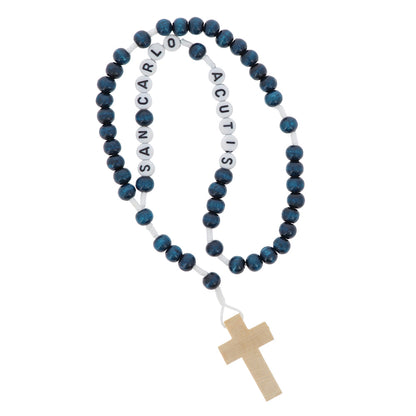 Corona del Rosario San Carlo Acutis in legno blu e corda con scritta