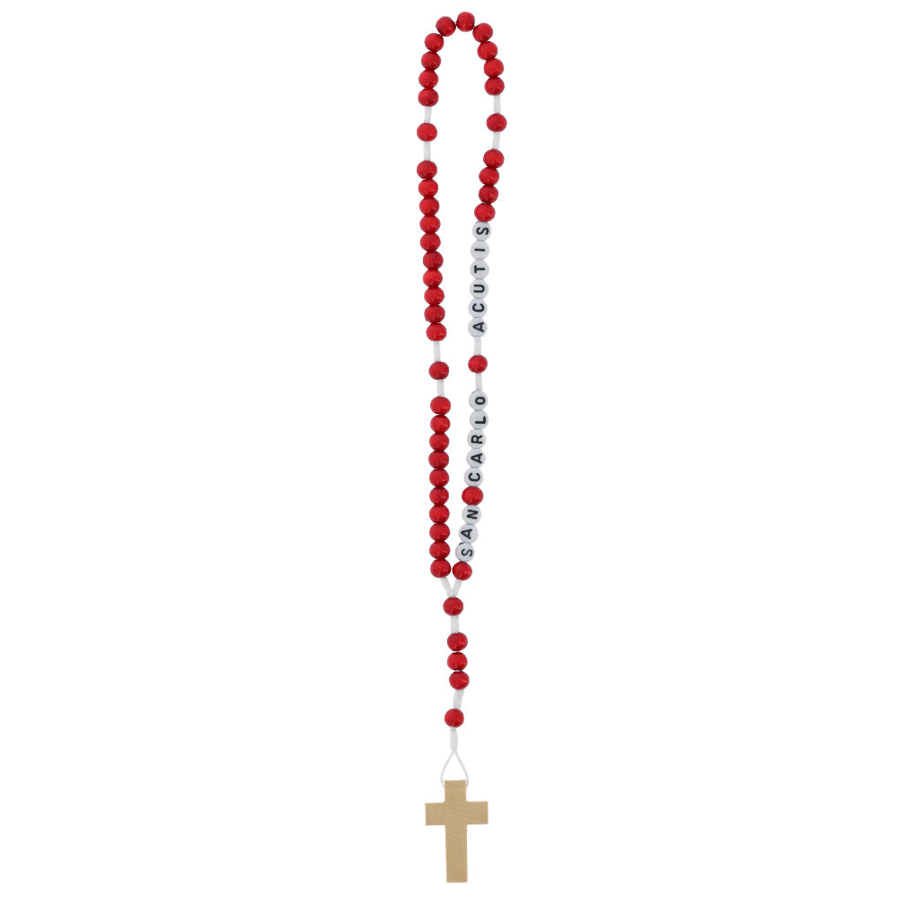 Corona del Rosario San Carlo Acutis in legno rosso e corda con scritta