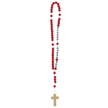 Corona del Rosario San Carlo Acutis in legno rosso e corda con scritta