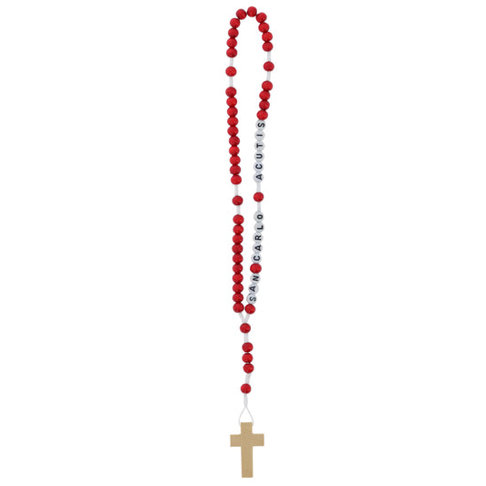 Corona del Rosario San Carlo Acutis in legno rosso e corda con scritta