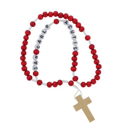 Corona del Rosario San Carlo Acutis in legno rosso e corda con scritta