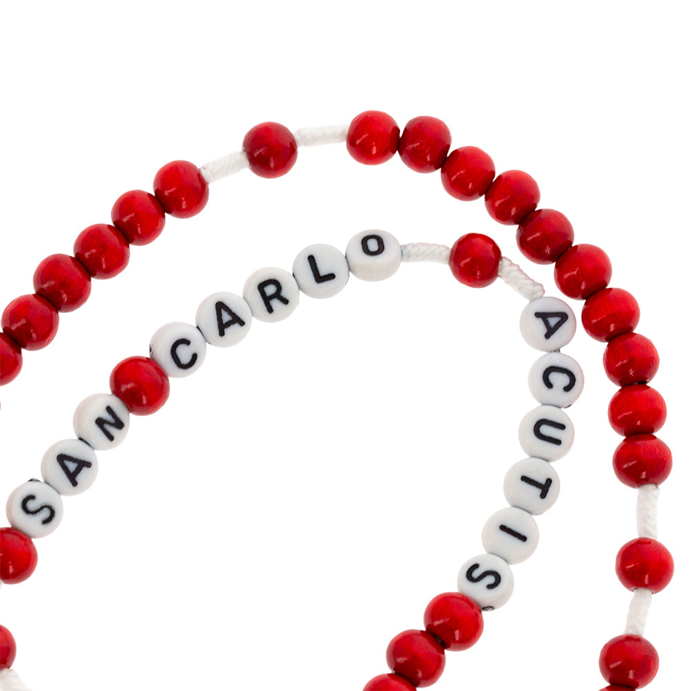 Corona del Rosario San Carlo Acutis in legno rosso e corda con scritta