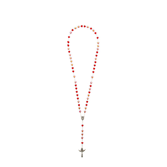 Rosary with 6 mm red iridescent heart beads
