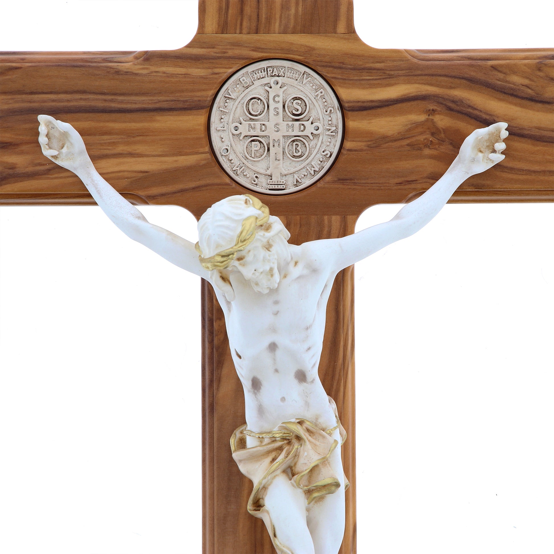 Croce San Benedetto in legno d'olivo,  corpo in resina decorato. Altezza 47 cm