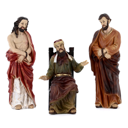 Set statue Gesù - Caifa - Barabba in resina. Per presepe pasquale, scena condanna. Altezza 13,2 cm