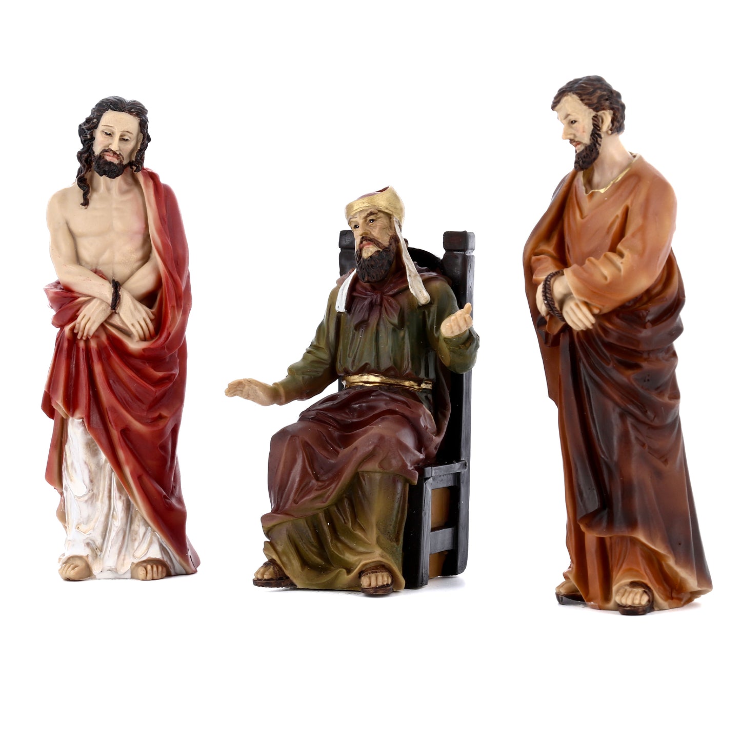 Set statue Gesù - Caifa - Barabba in resina. Per presepe pasquale, scena condanna. Altezza 13,2 cm