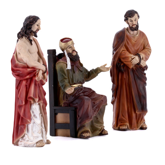 Set statue Gesù - Caifa - Barabba in resina. Per presepe pasquale, scena condanna. Altezza 13,2 cm