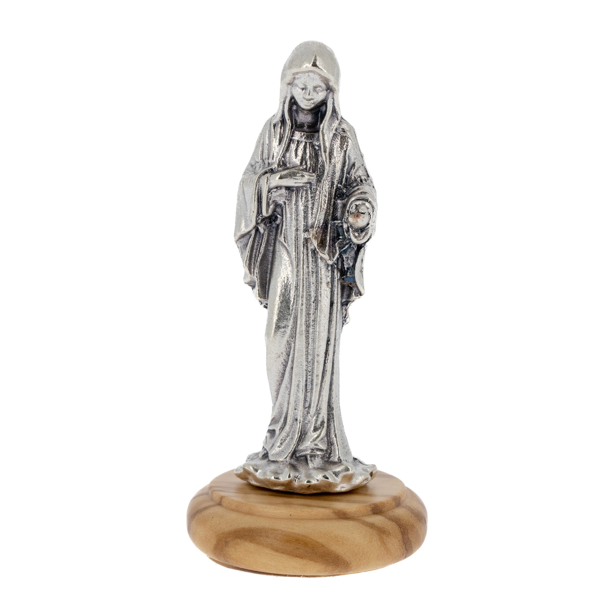 Statua Madonna di Medjugorie in metallo argentato e base in lengno. Altezza 6,5 cm
