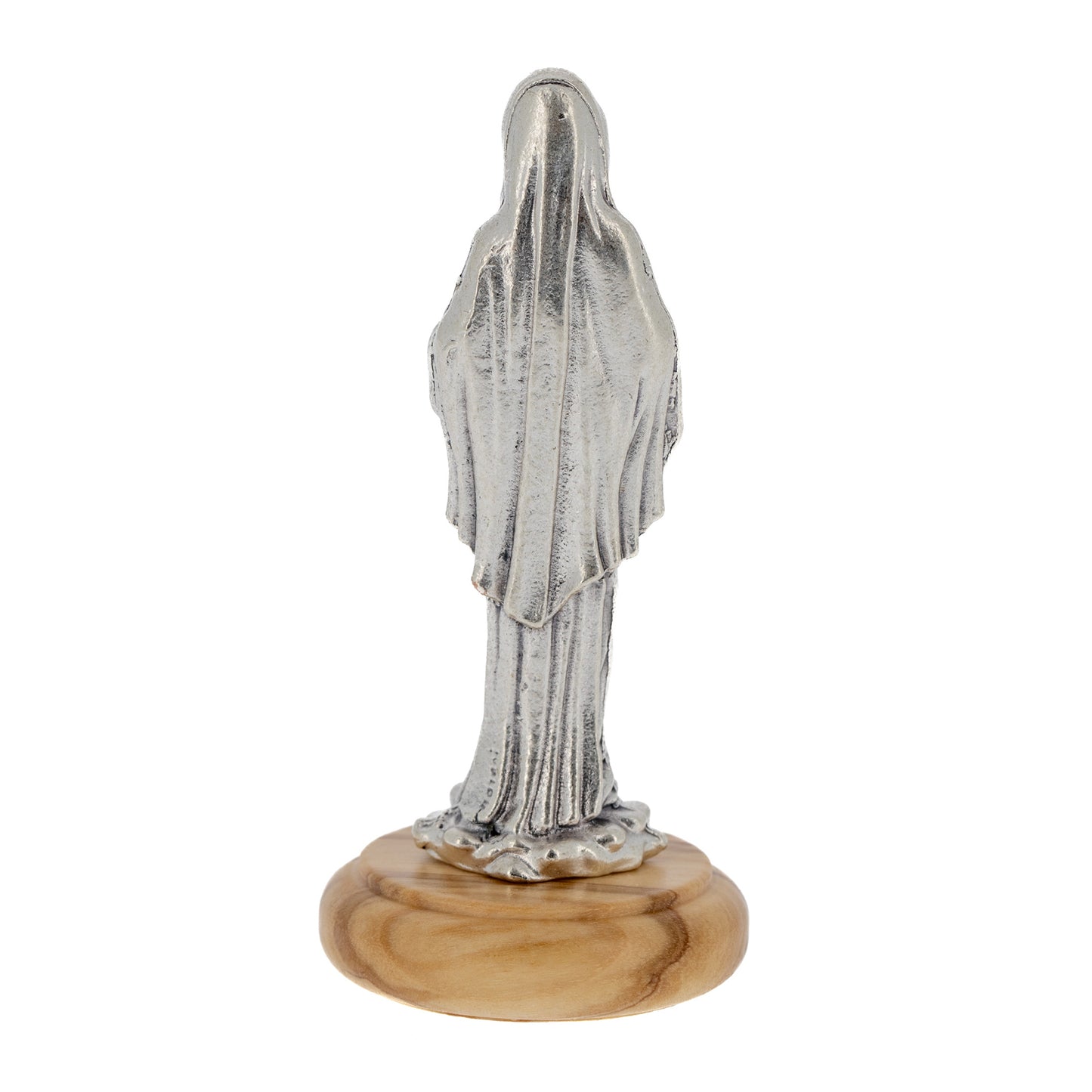 Statua Madonna di Medjugorie in metallo argentato e base in lengno. Altezza 6,5 cm
