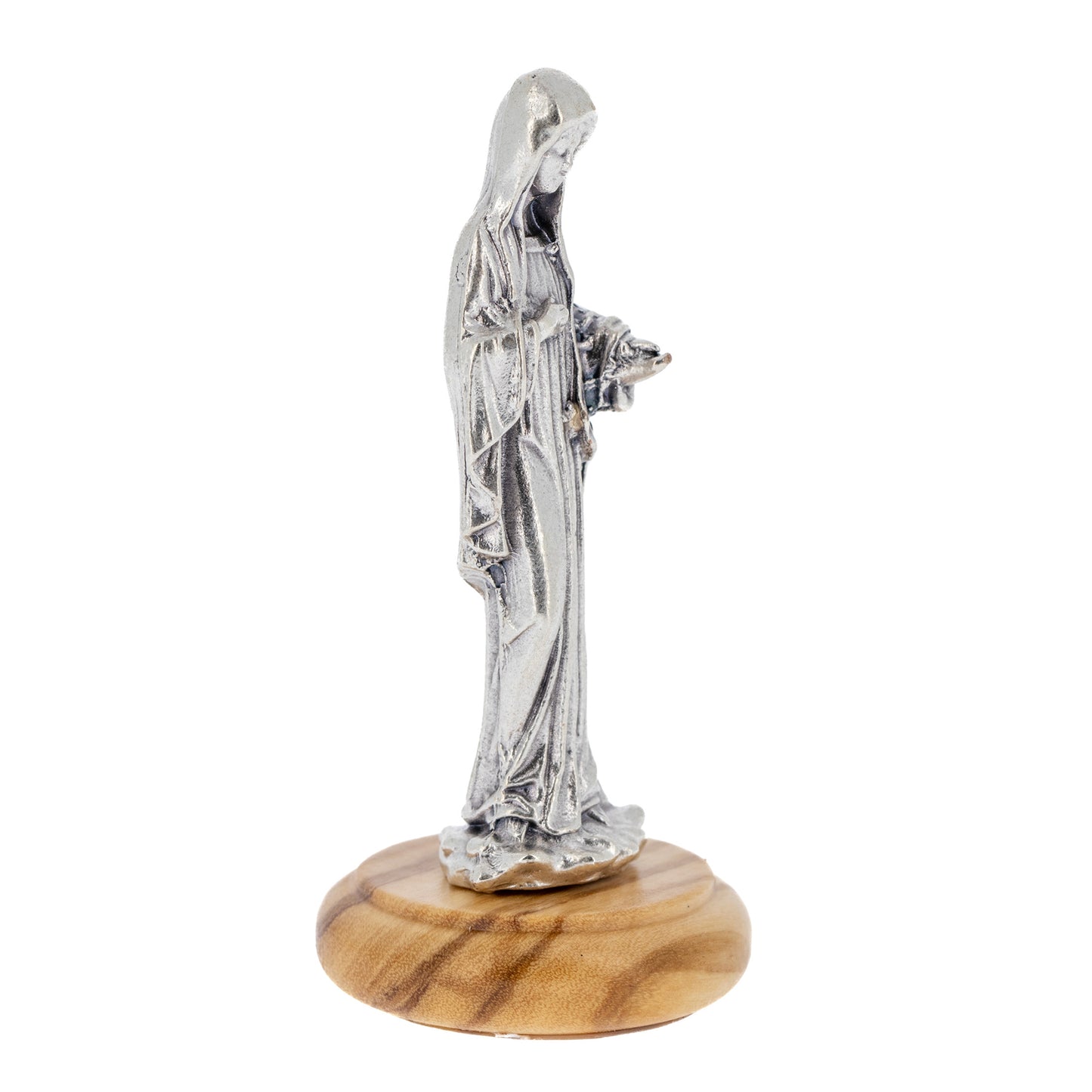 Statua Madonna di Medjugorie in metallo argentato e base in lengno. Altezza 6,5 cm

