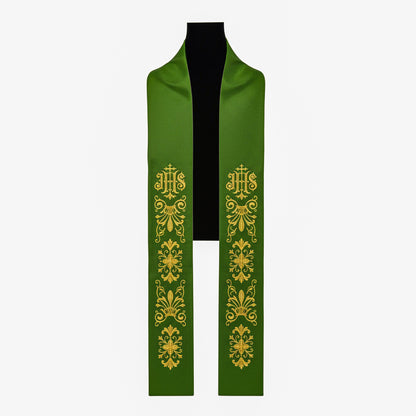 Priestly stole embroidered with IHS, made of green satin fabric
