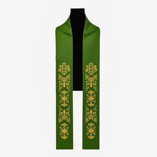 Bestickte Priesterstola mit IHS aus grünem Satinstoff