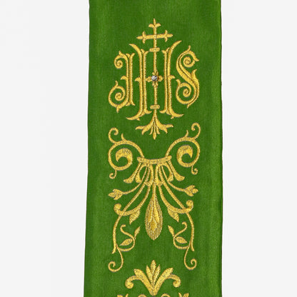 Priestly stole embroidered with IHS, made of green satin fabric