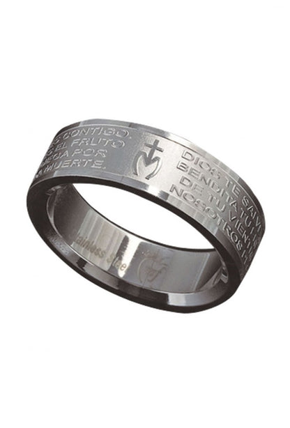 Anello in acciaio con preghiera "Ave Maria" in lingua spagnola
