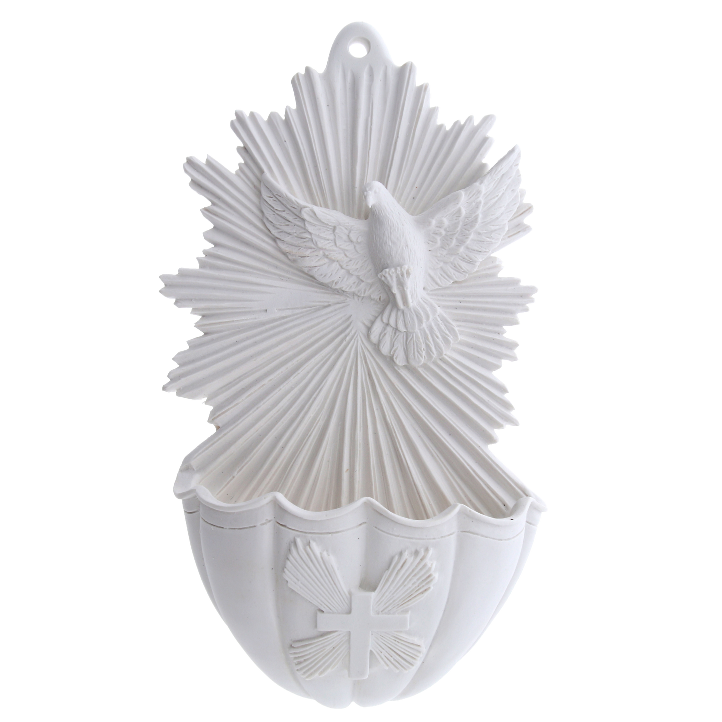 Acquasantiera Spirito Santo, in resina bianca. Altezza 17 cm