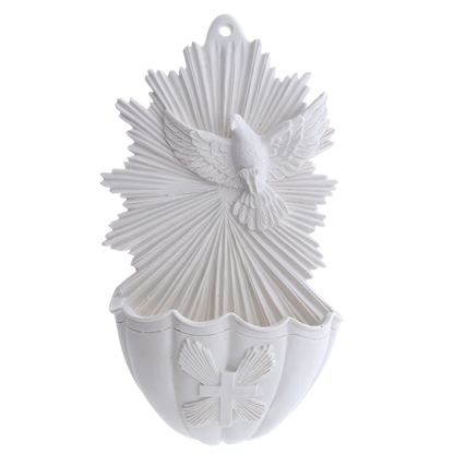 Acquasantiera Spirito Santo, in resina bianca. Altezza 17 cm
