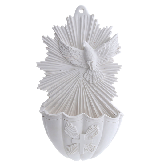 Acquasantiera Spirito Santo, in resina bianca. Altezza 17 cm
