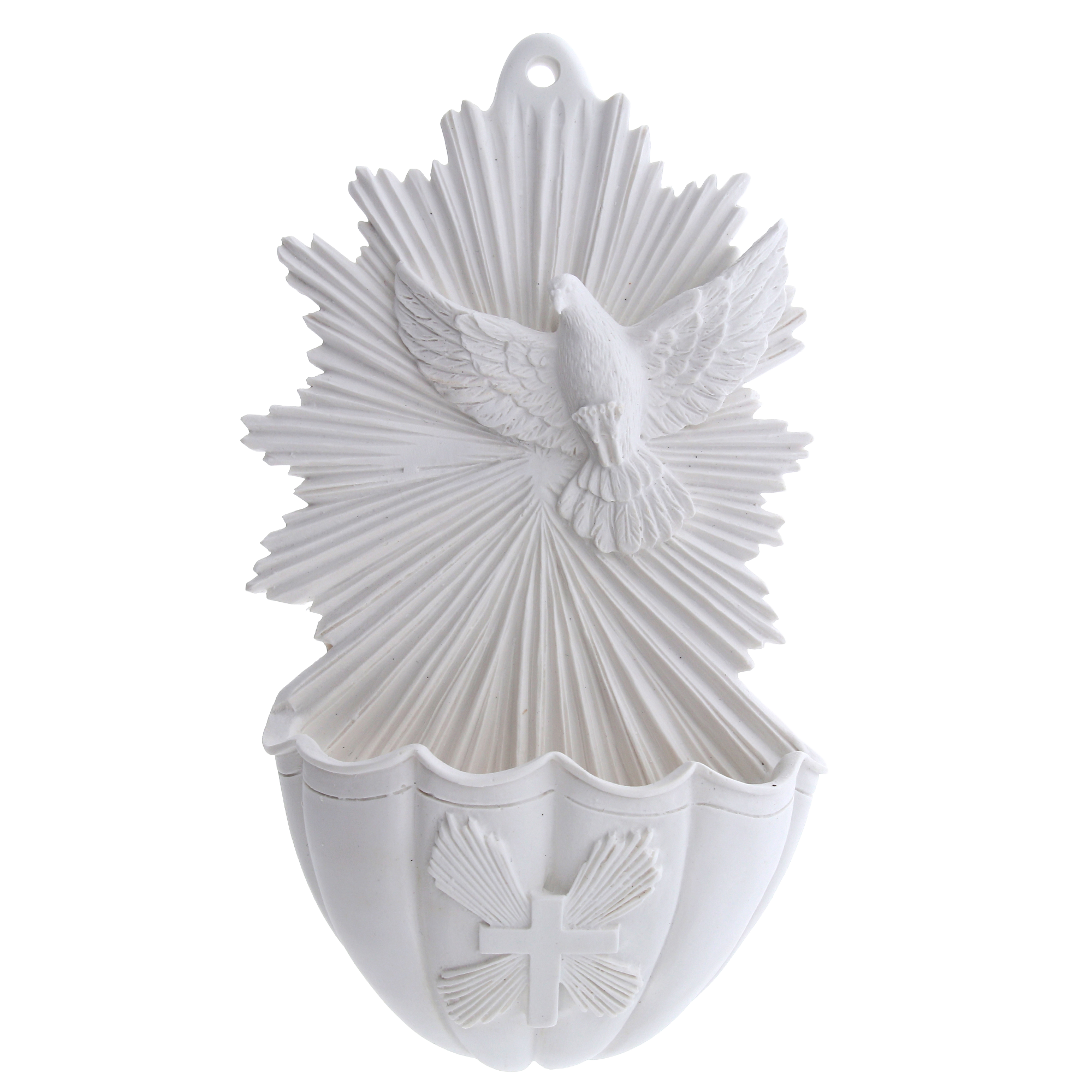 Acquasantiera Spirito Santo, in resina bianca. Altezza 17 cm