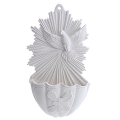 Acquasantiera Spirito Santo, in resina bianca. Altezza 17 cm