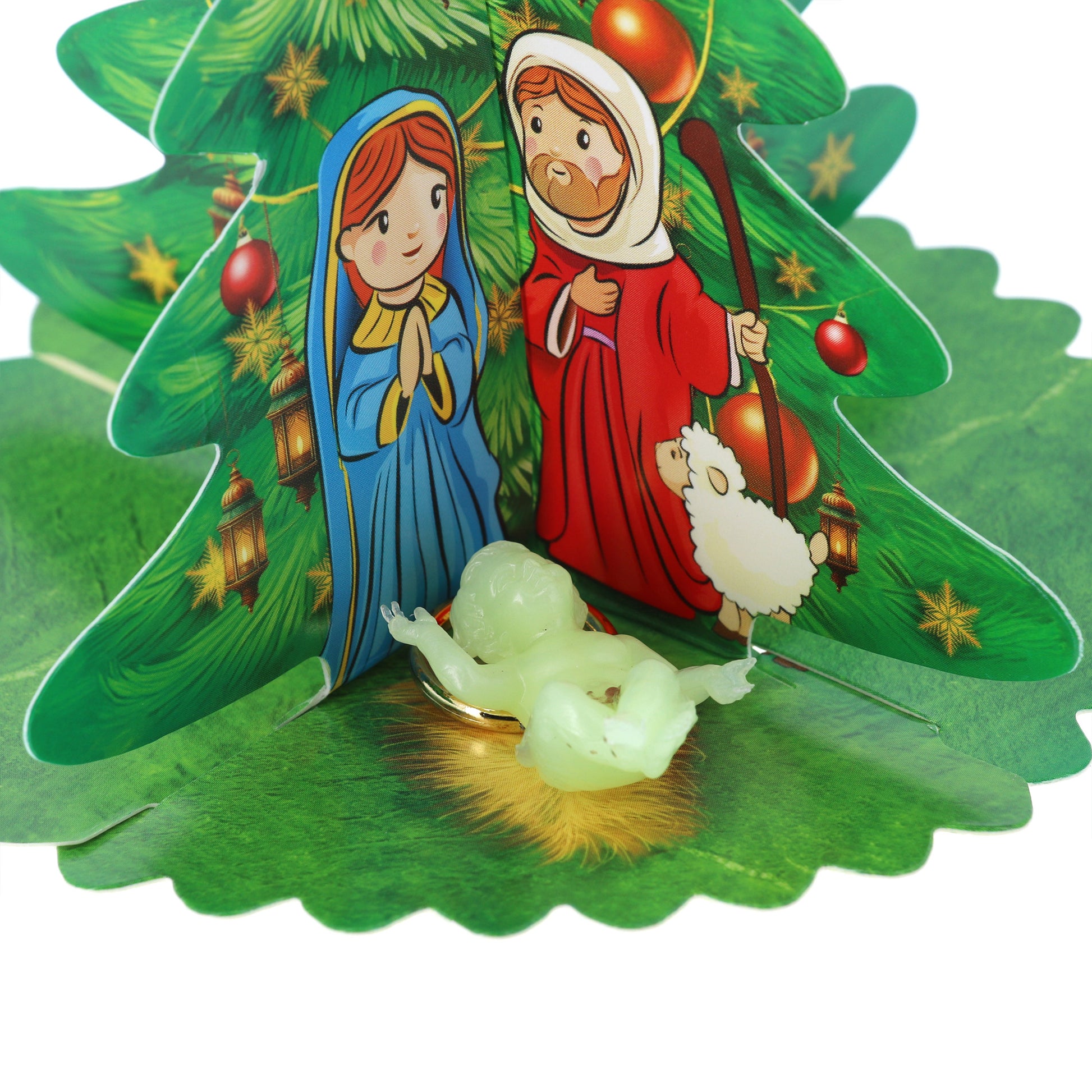 Albero di Natale tridimensionale da montare con Gesù Bambino fosforescente, per bambini. Altezza 15 cm