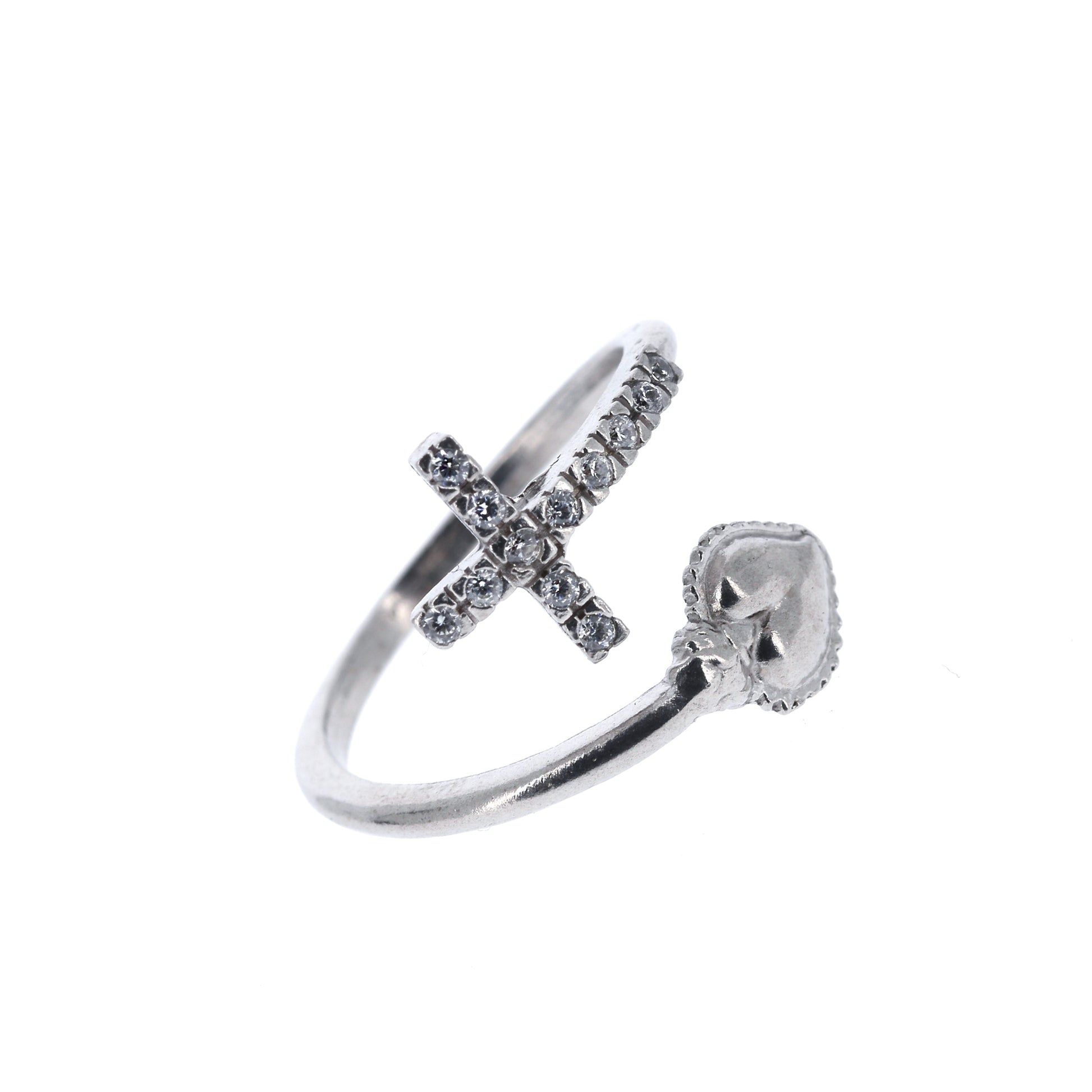 Anello regolabile in argento 925 con Sacro Cuore e Croce con zirconi
