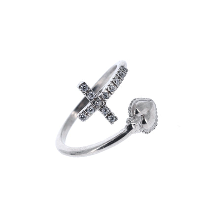 Anello regolabile in argento 925 con Sacro Cuore e Croce con zirconi