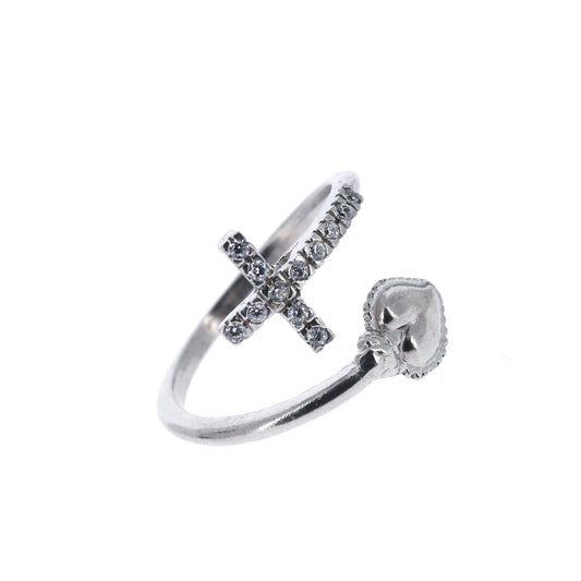 Anello regolabile in argento 925 con Sacro Cuore e Croce con zirconi
