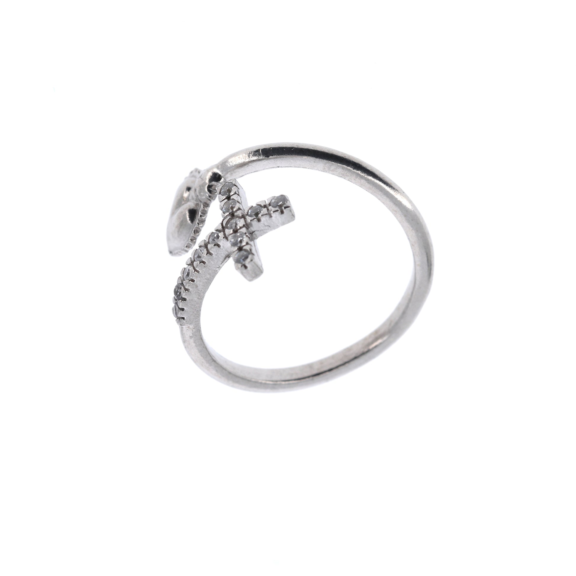 Anello regolabile in argento 925 con Sacro Cuore e Croce con zirconi