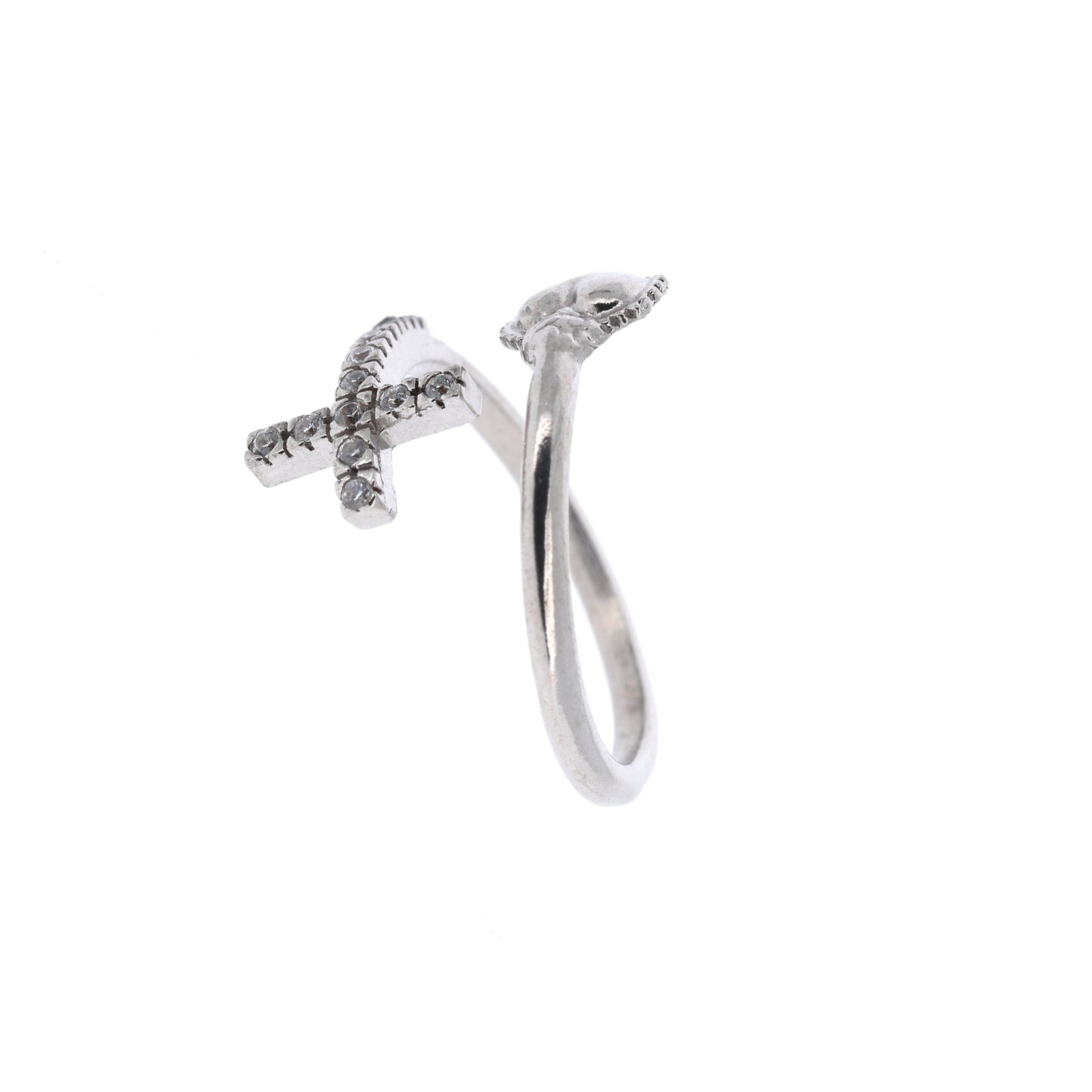 Anello regolabile in argento 925 con Sacro Cuore e Croce con zirconi