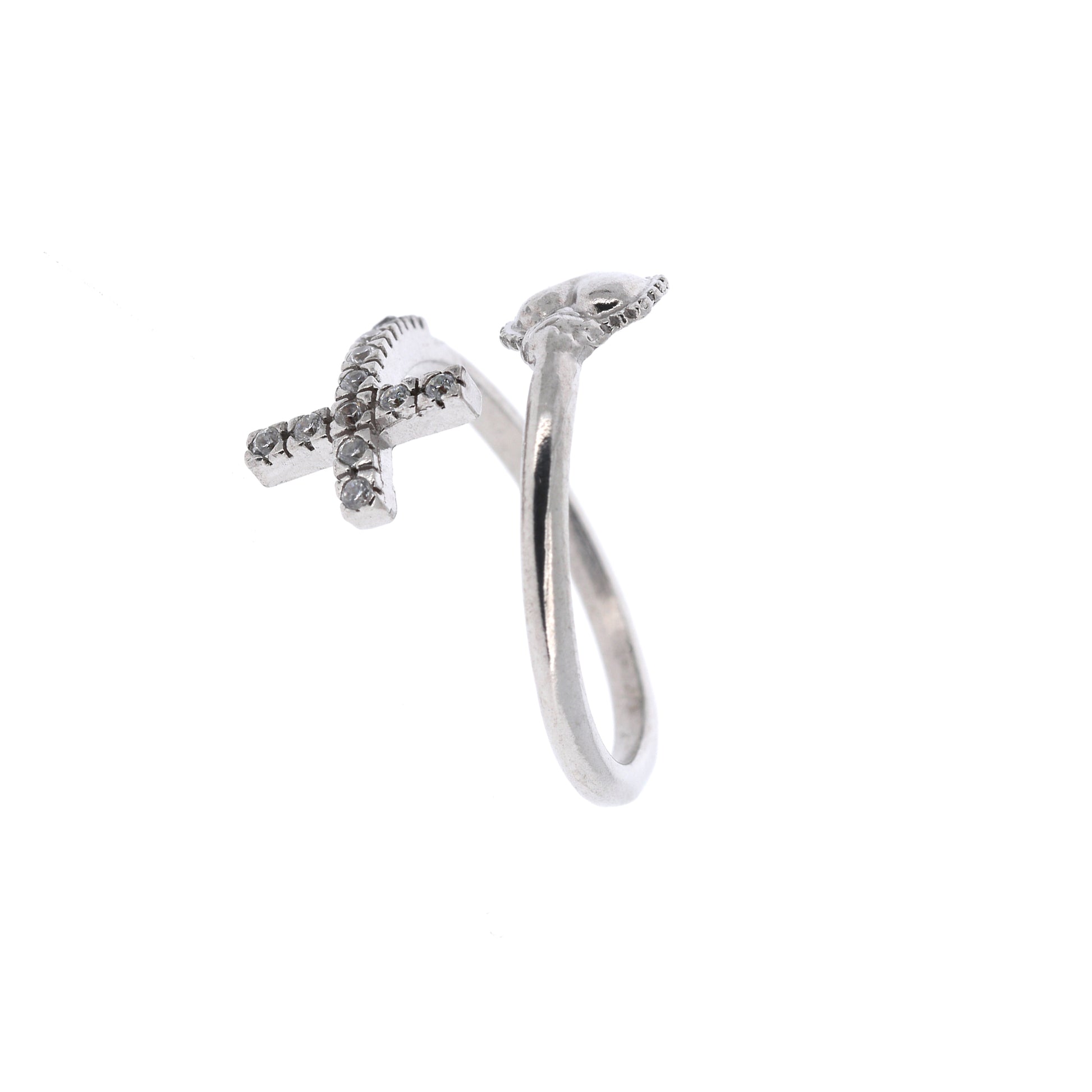 Anello regolabile in argento 925 con Sacro Cuore e Croce con zirconi