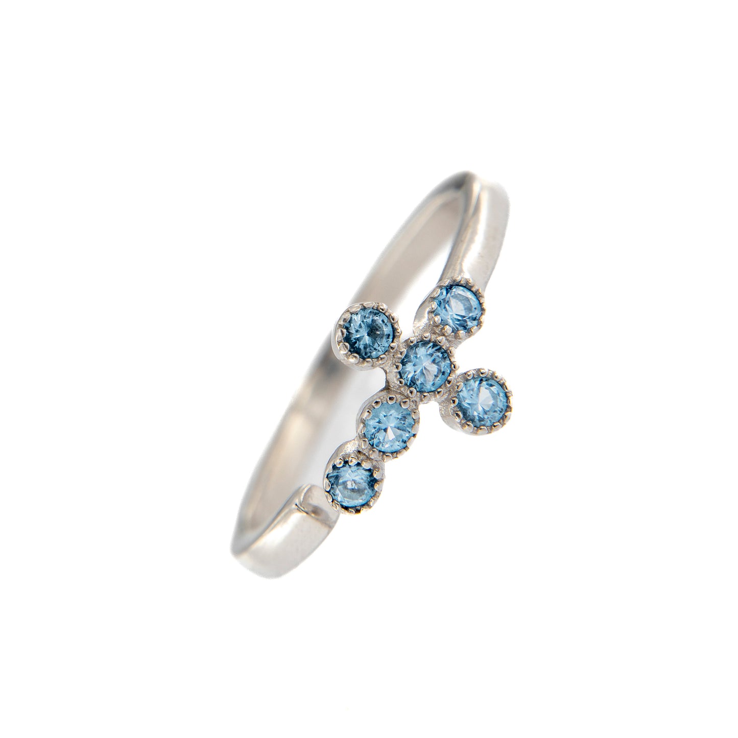 Anello Lumae Patronus, croce con zirconi celesti, argento 925