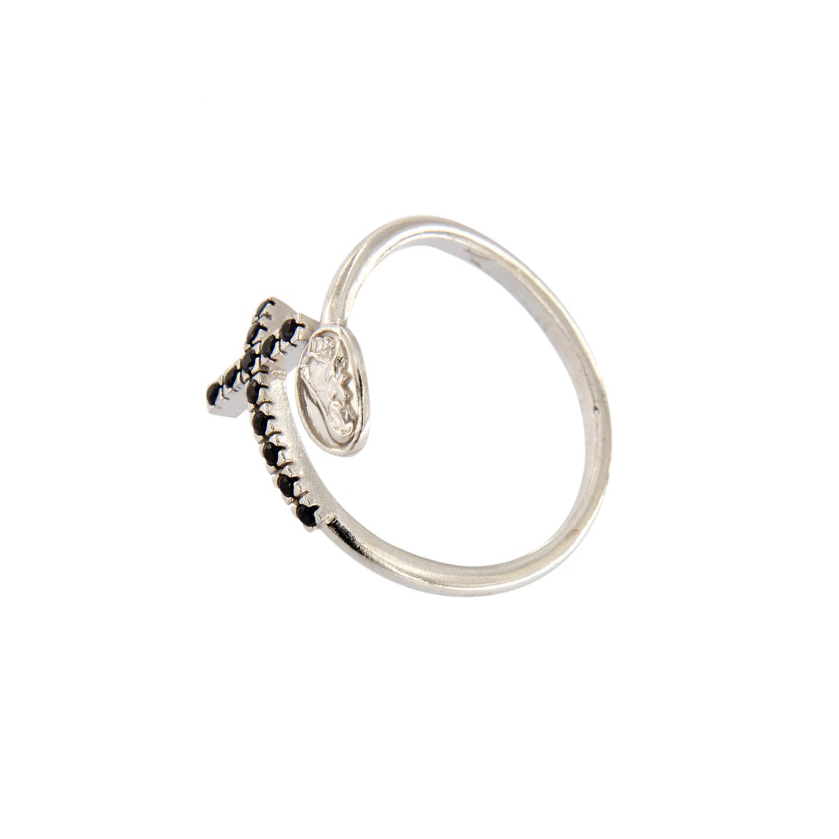 Anello regolabile in argento 925 con medaglia Santa Rita e croce con zirconi