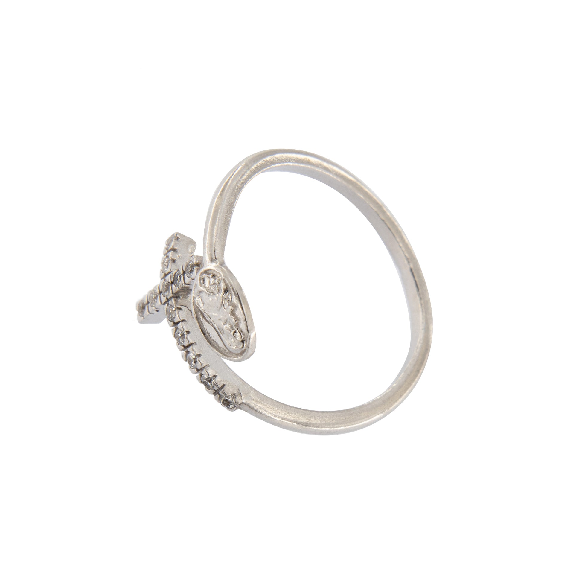 Anello regolabile in argento 925 con medaglia Santa Rita e croce con zirconi