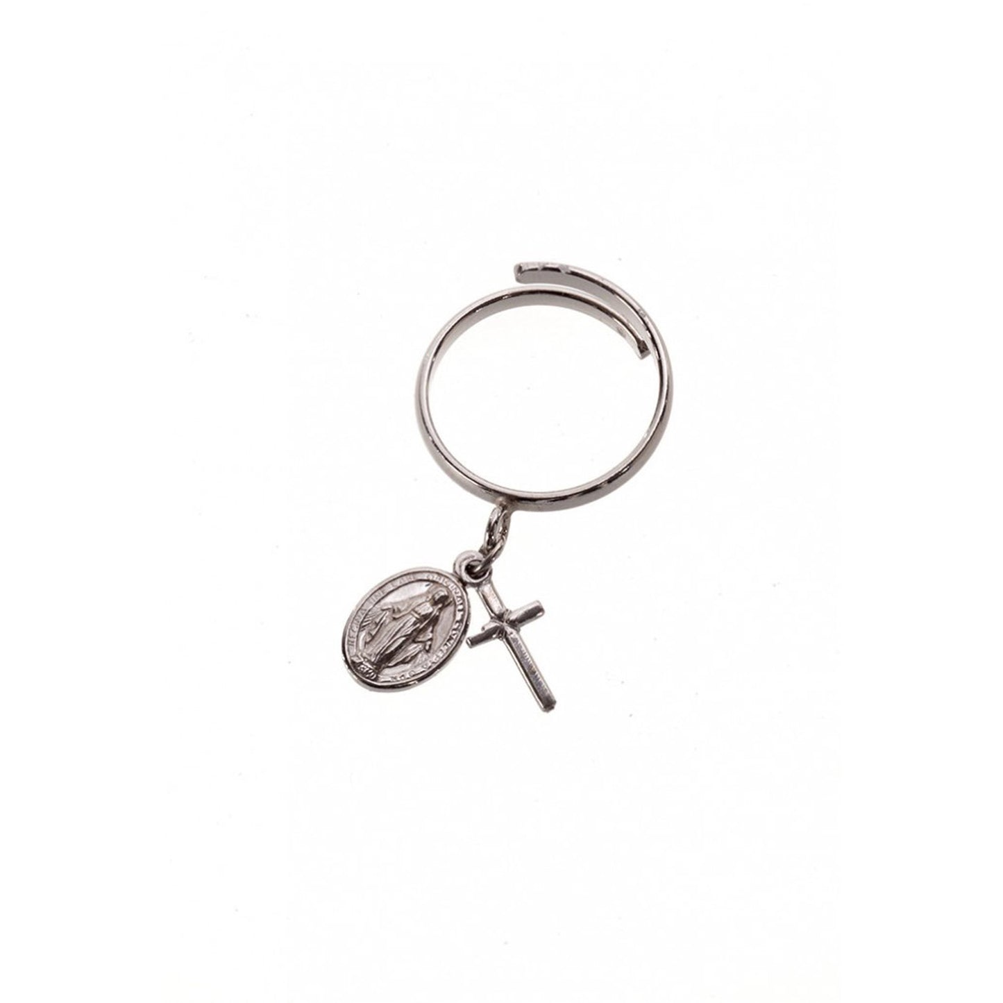 Anello regolabile Custodi in argento 925 rodiato con ciondolo Croce e Medaglia Miracolosa