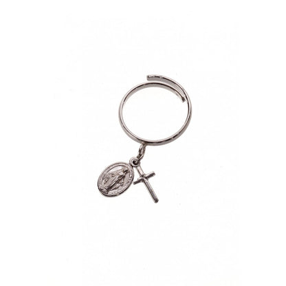 Anello regolabile Custodi in argento 925 rodiato con ciondolo Croce e Medaglia Miracolosa