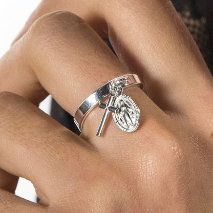 Anello regolabile Custodi in argento 925 rodiato con ciondolo Croce e Medaglia Miracolosa